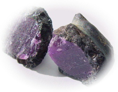 Ruby crystal in amphibolite, purple Madagascar mineral, exclusive crystals, corundum information data